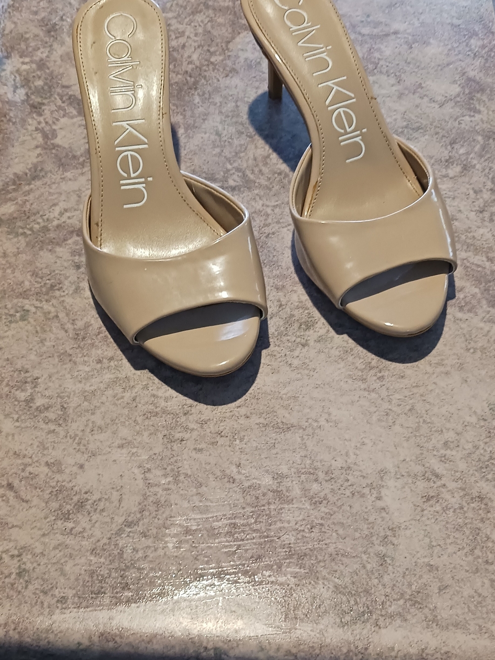 Calvin Klein Nude Patent Open-Toe Heeled Slides